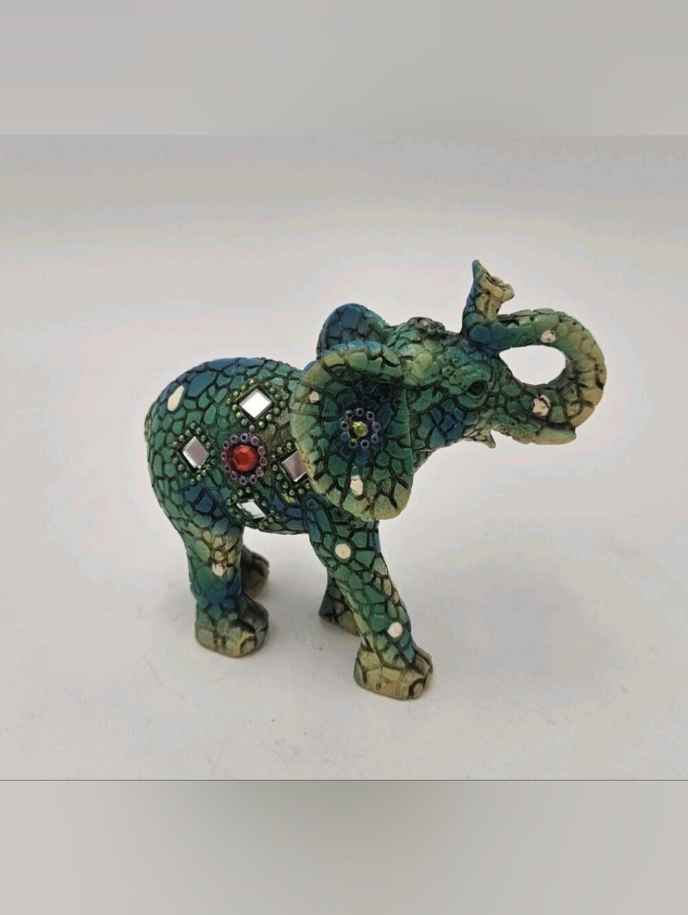 Green Mosaic Elephant Sculpture with Mirror Accents